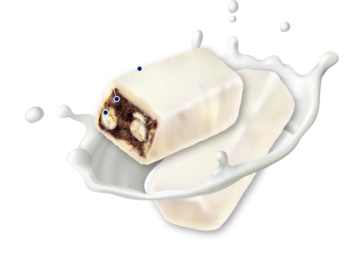 白いブラックサンダーのおいしさのヒミツ コーティングホワイトチョコレート、ココアクッキー、ミルク風味ビスケット